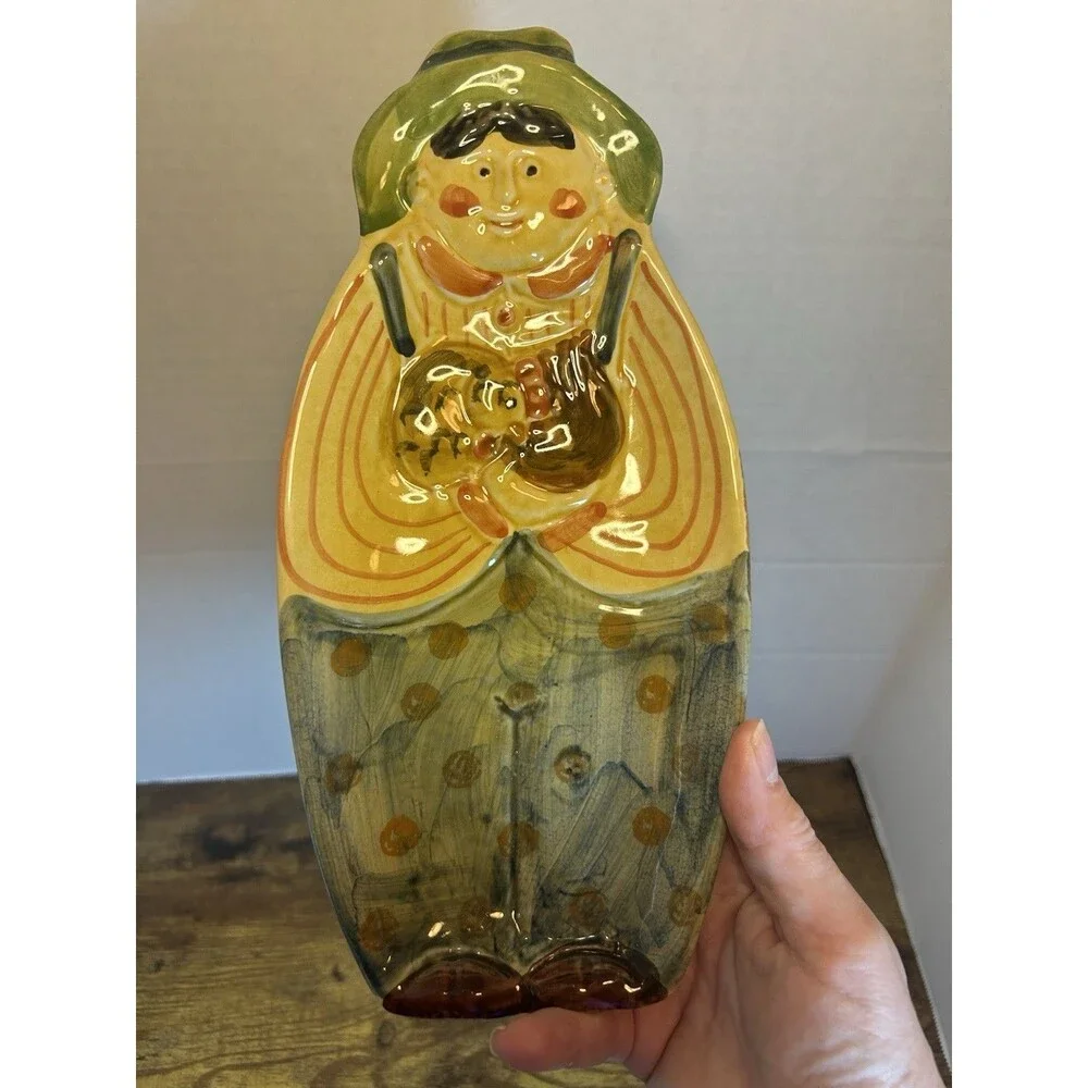 Vintage Italy Hand Painted Ceramic Farmer with Chicken Figural Serving Tray Dish